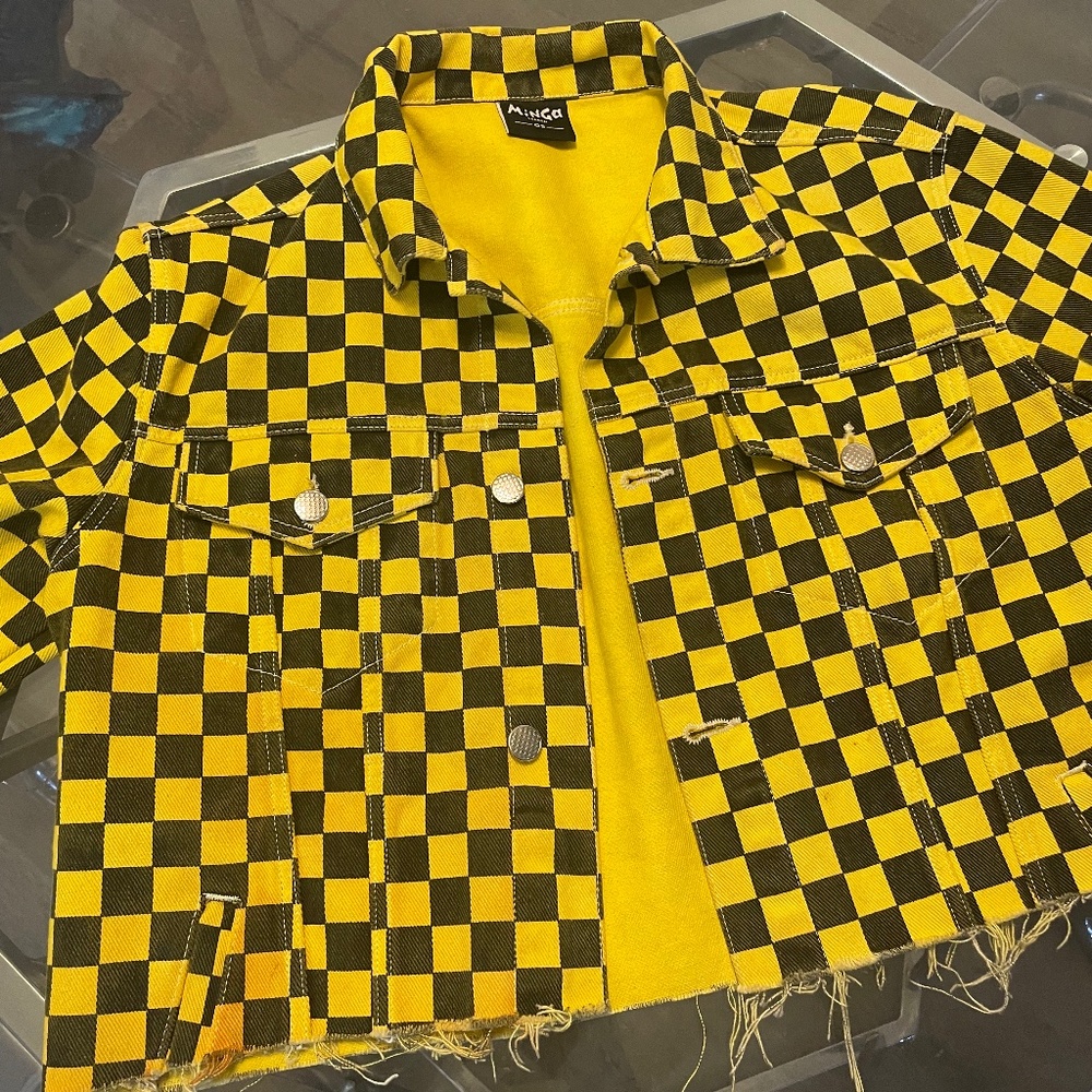 Yellow checkered cropped Jean jacket